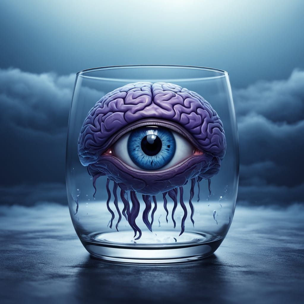 Glass 'A' with Eye and Brain in Fog, 3D Render