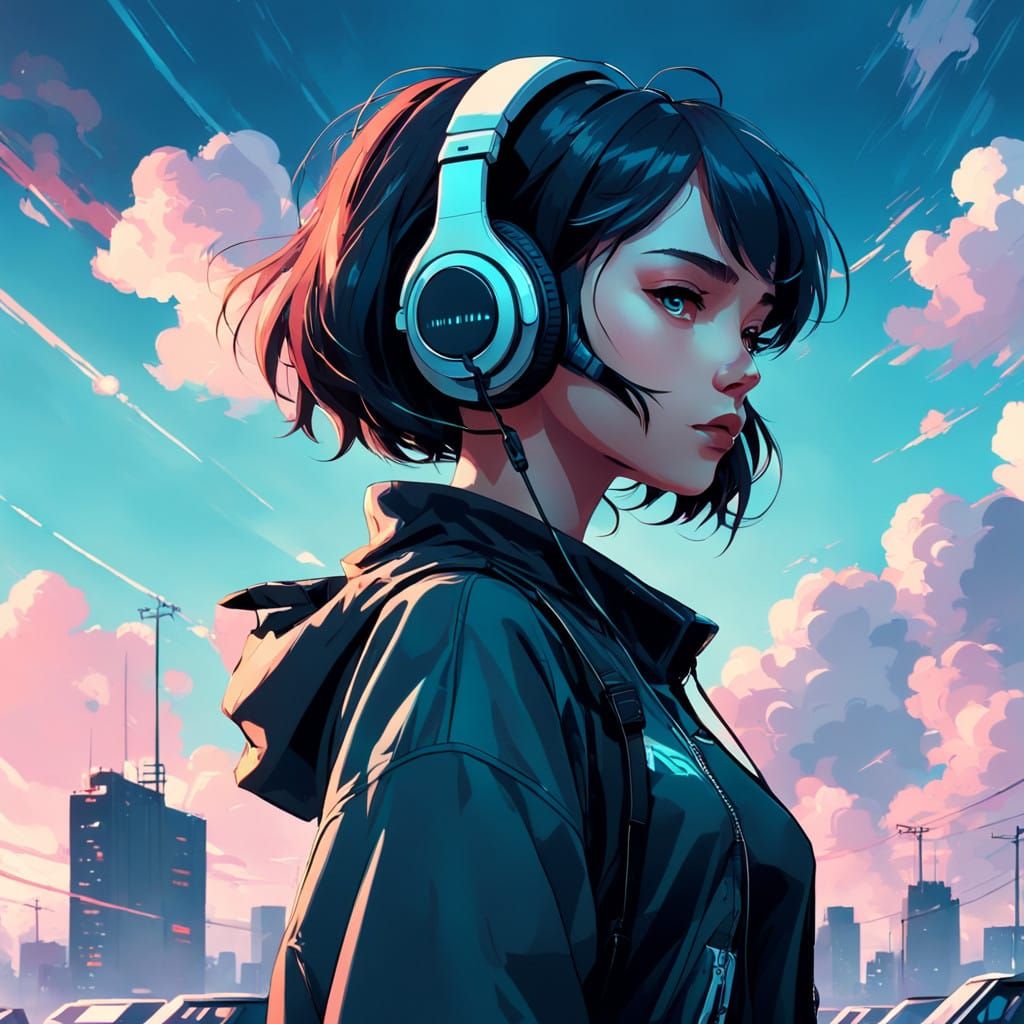 Glowing Lady in Retrofuturistic Paradise