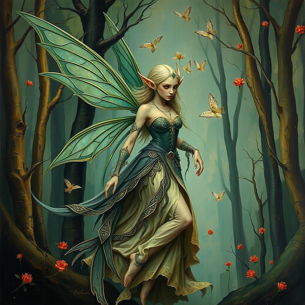 Ethereal Fairy Elf in Surreal Forest Landscape