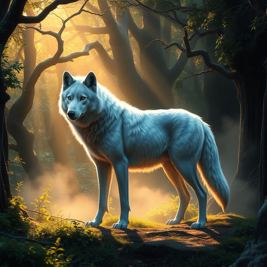 Mystical Silver Wolf in Enchanted Forest