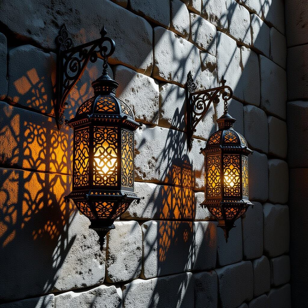 Ornate Metal Lanterns in Ancient Stone Chamber