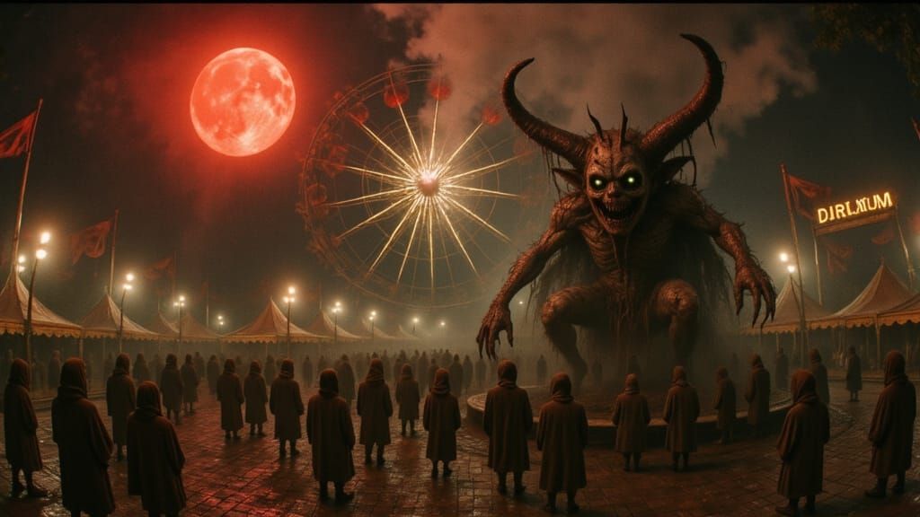 Cursed Carnival Midway Under Blood-Red Moon