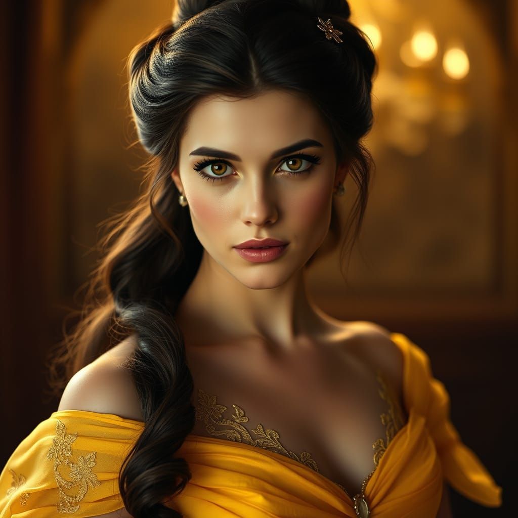 Belle's Elegant Closeup in Golden Ballgown with Cinematic Fi...