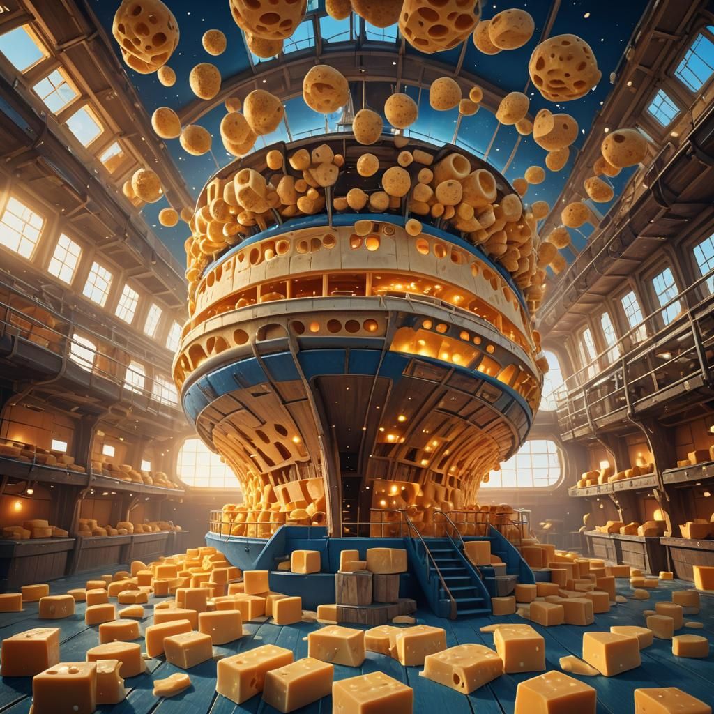Majestic Cheese Hangar Ship Floating in the Sky