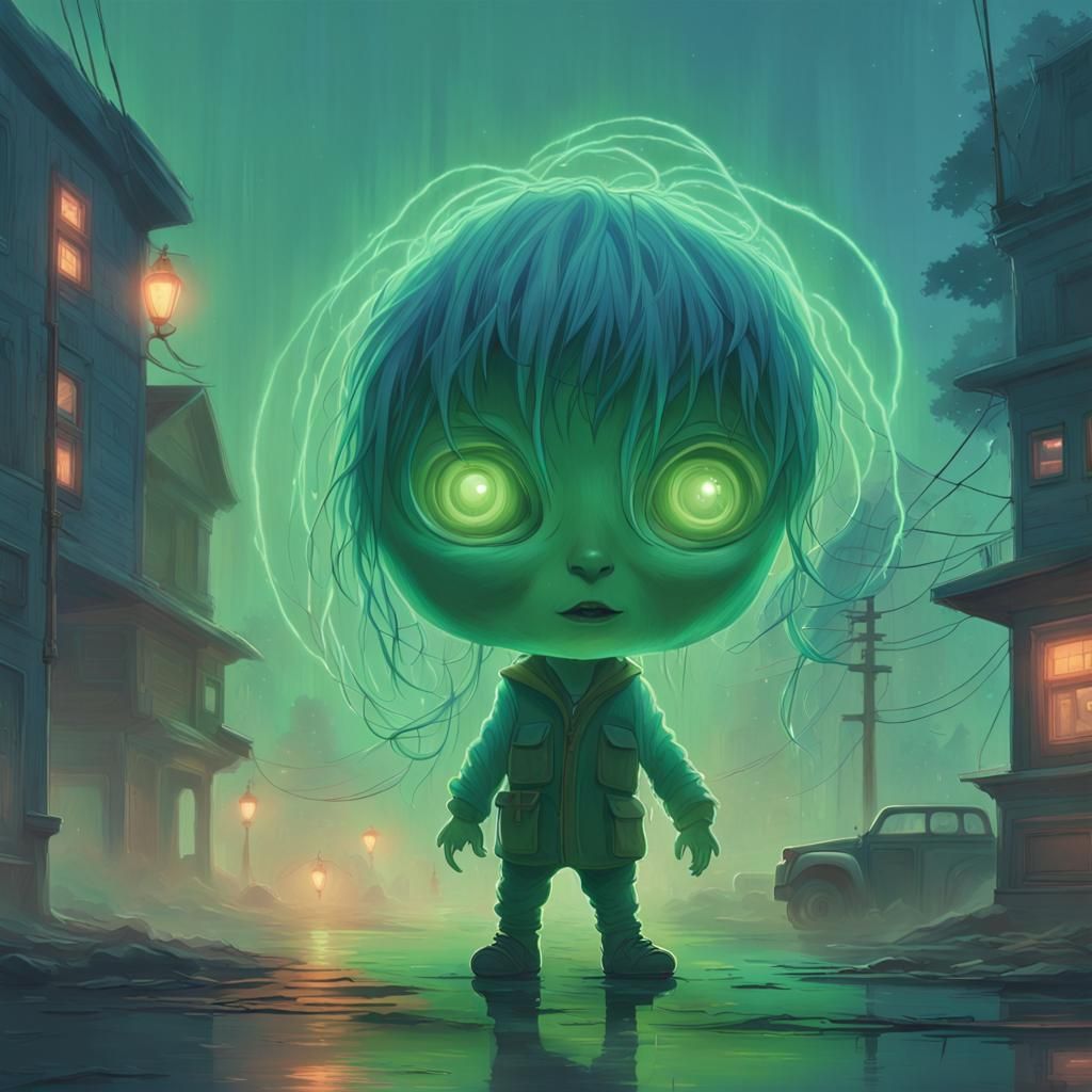 Chibi Character with Hypnotic Eyes in Ethereal Light