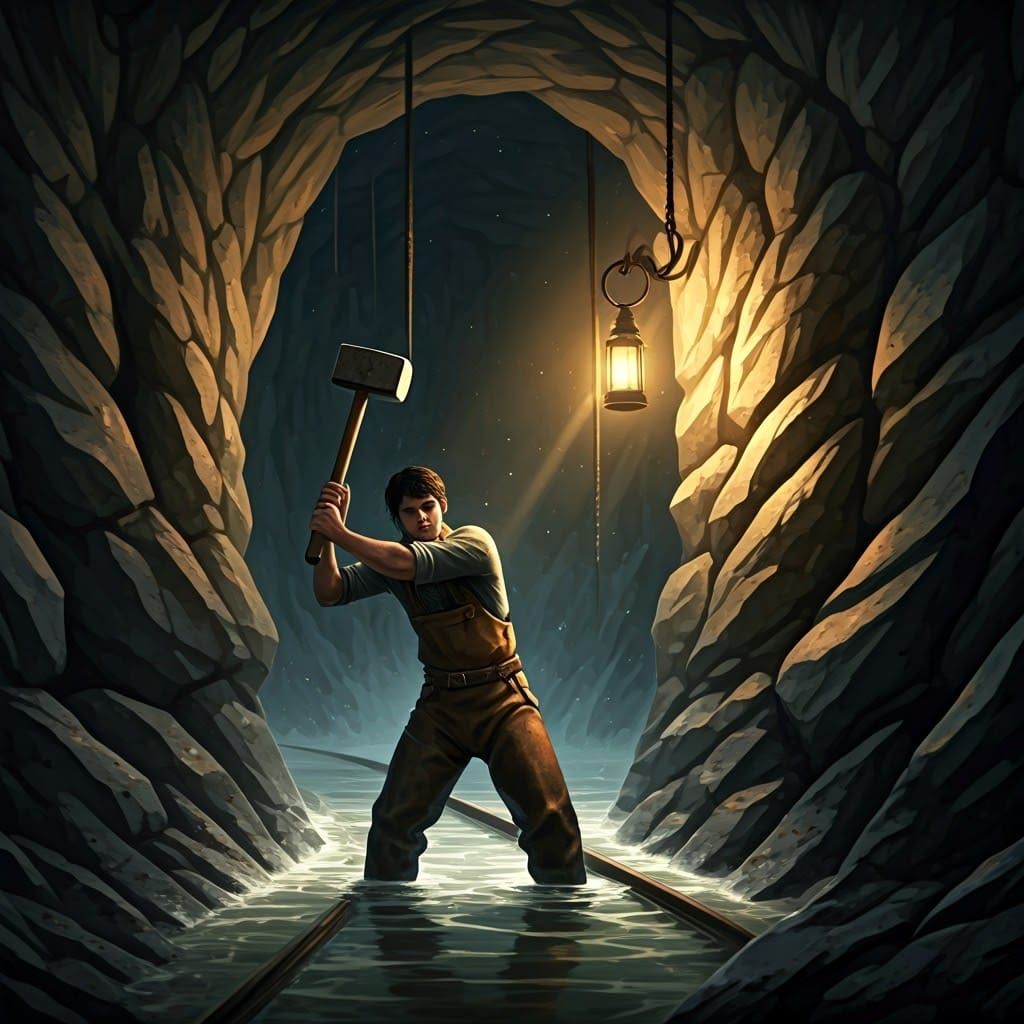 Young Man Drives Rail Through Rock Wall in Muddy Waters