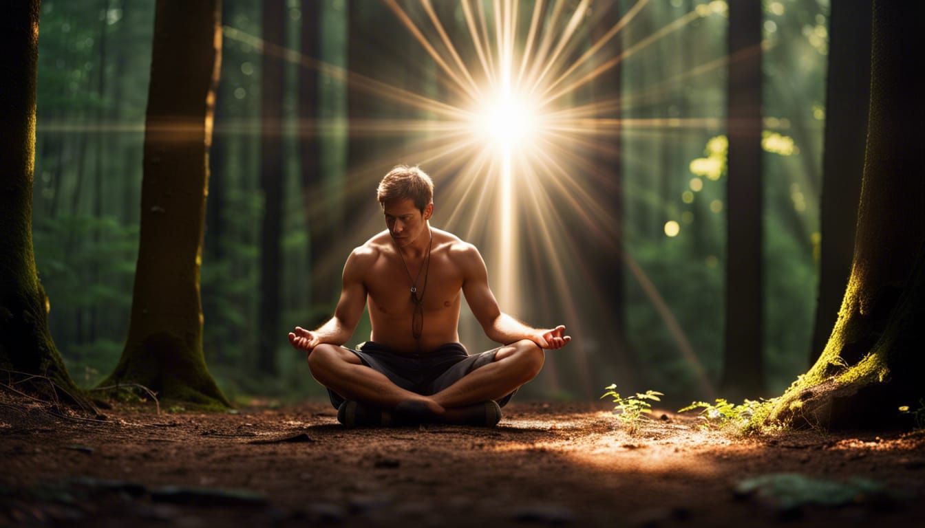 Meditating Man in Forest Bathed in Light