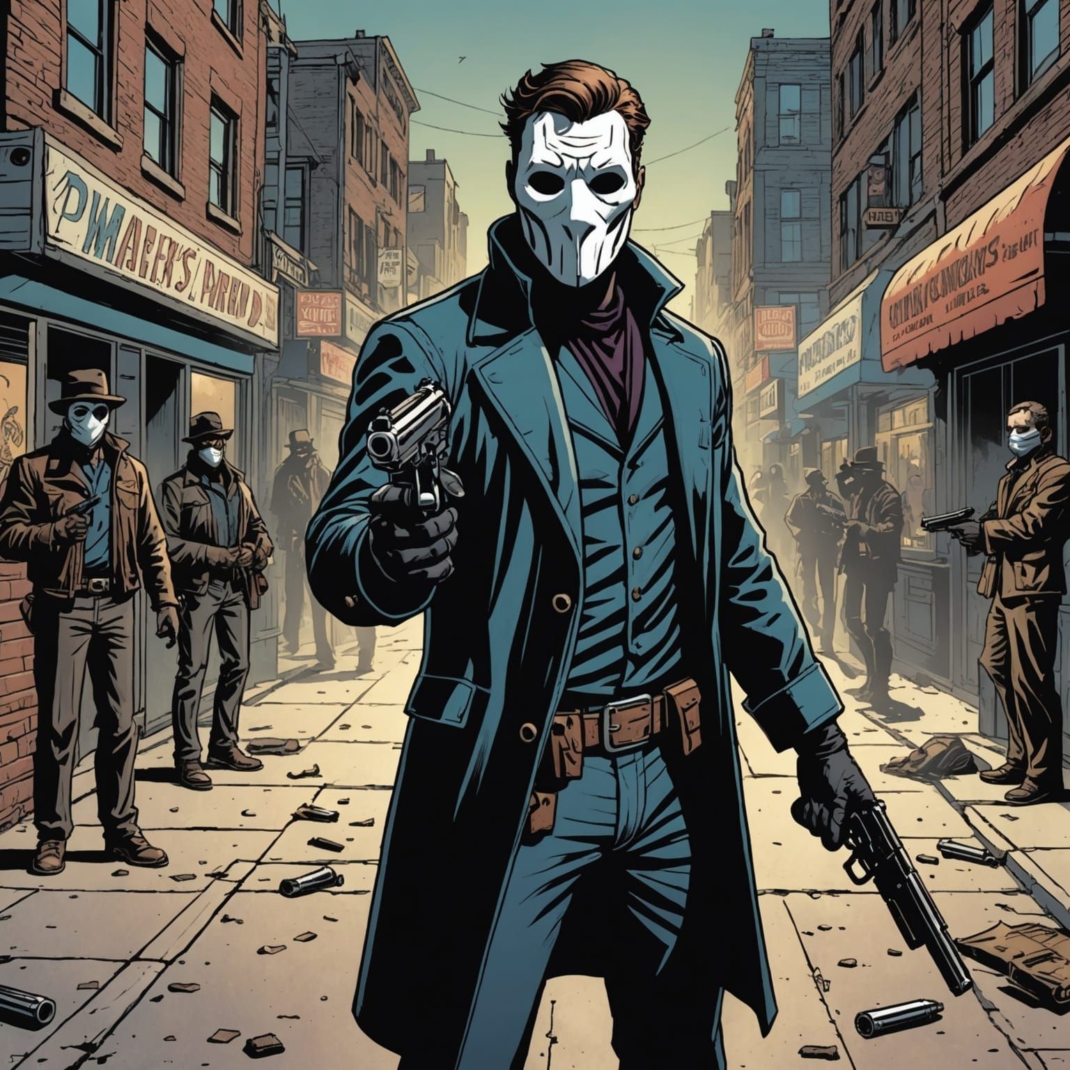 Masked Vigilante with Pistols in Comic Book Style