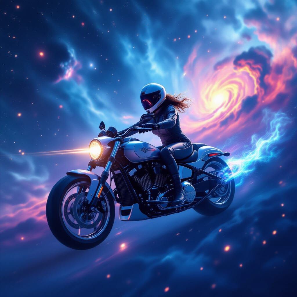 Astronaut Riding Motorcycle Through Cosmic Nebula