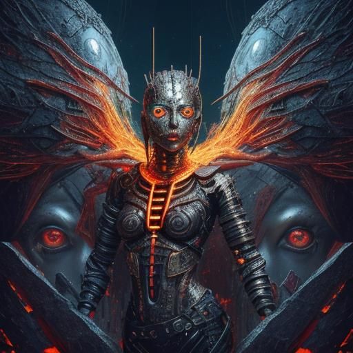 Surreal Metallic Mummy Sculpture with Emerald Eyes