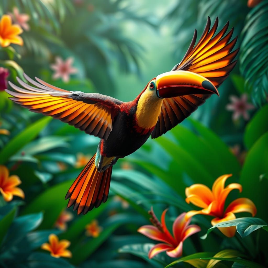 Lush Jungle Scene with Vibrant Toucan in Flight