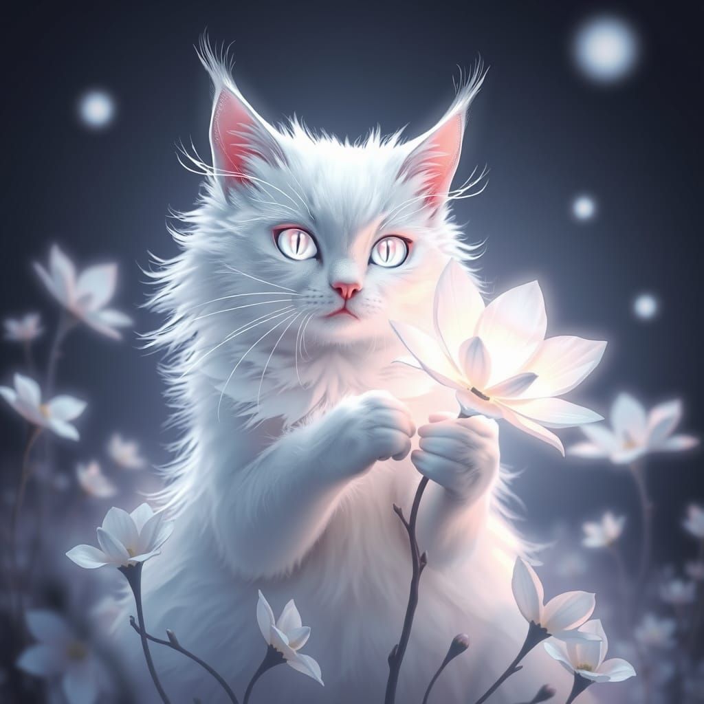 Glowing White Cat with Flower in Dreamlike Setting
