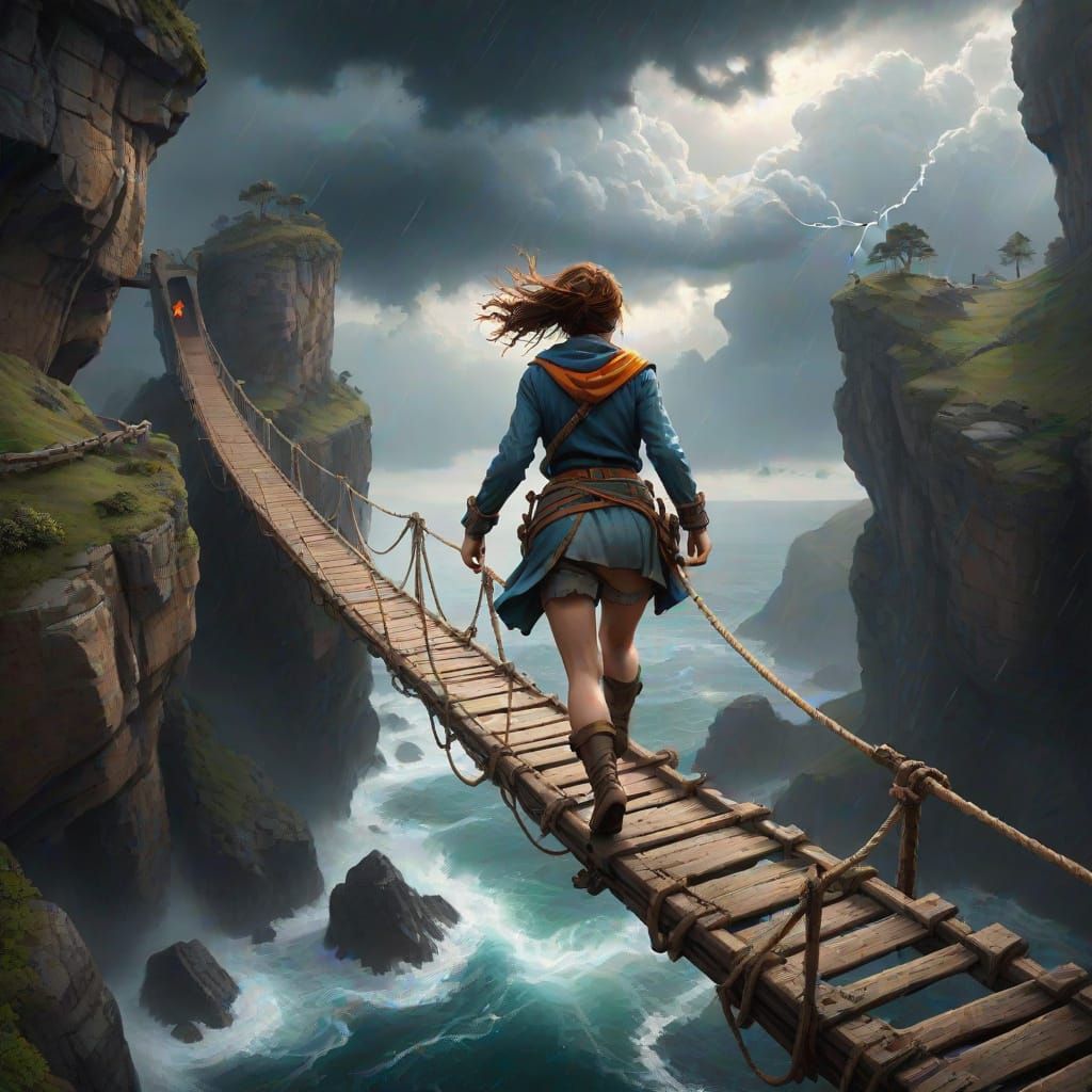 Epic Fantasy Adventurer on a Swinging Rope Bridge