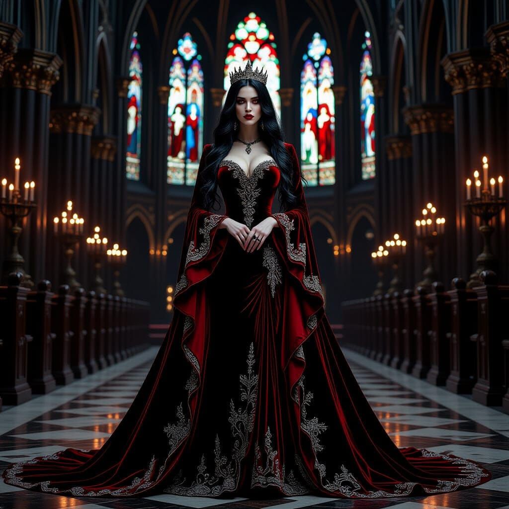 A sorrowful vampire queen with long, flowing black hair and ...