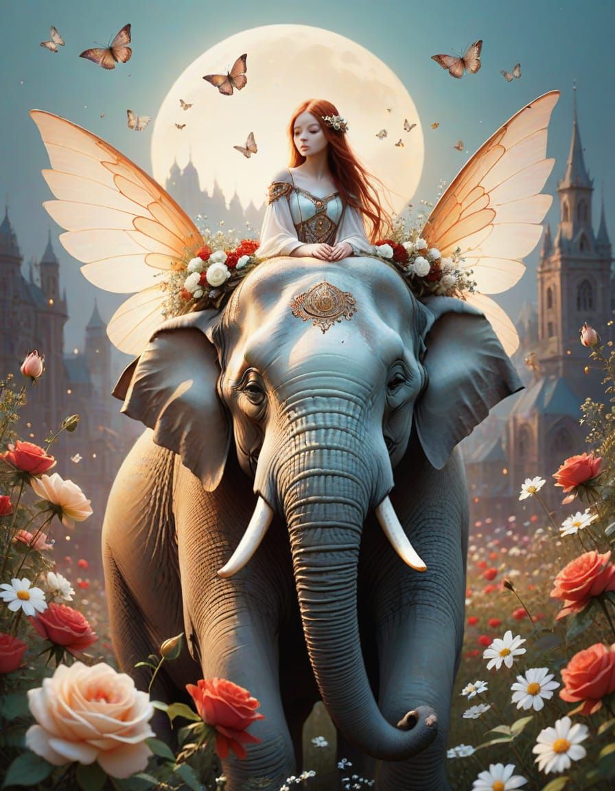 Ethereal Fairy on Elephant Amidst Wildflowers, Surreal Art