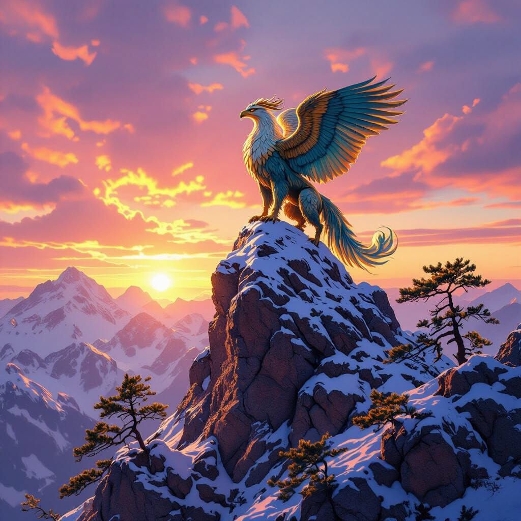 Griffin Silhouette on Snowy Peak at Sunset
