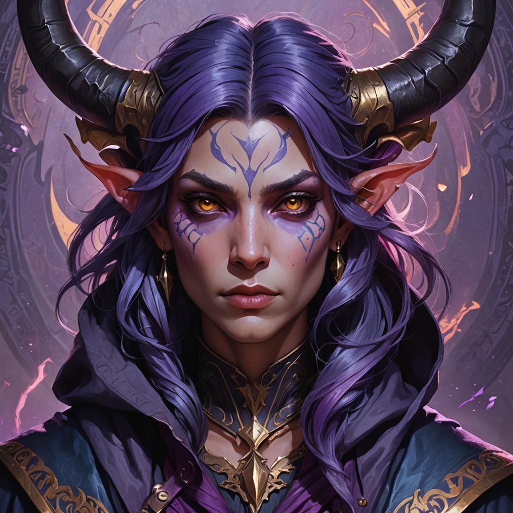 Tiefling Warlock Portrait in Art Nouveau Style