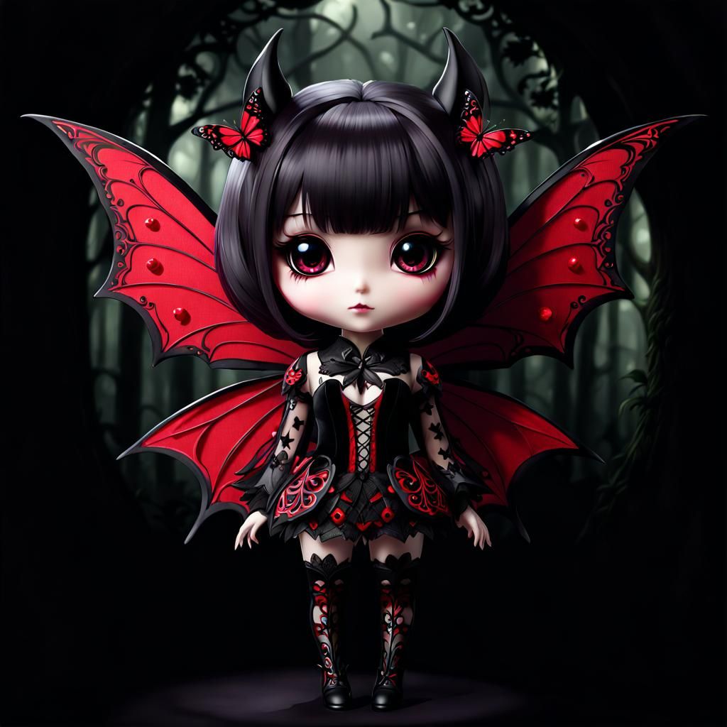 Gothic Chibi Bat-Butterfly in Gloomy Forest