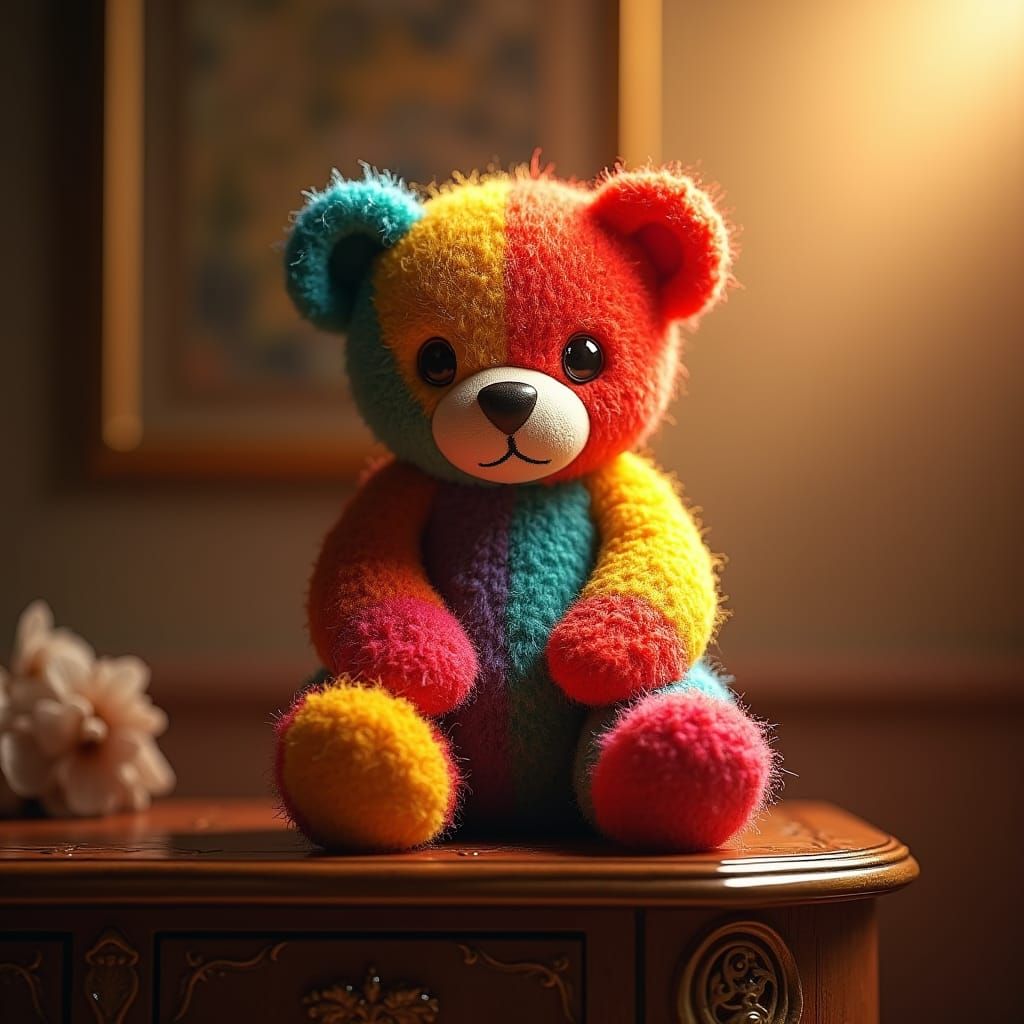 Colorful Wool Teddy Bear on Cabinet, Digital Art