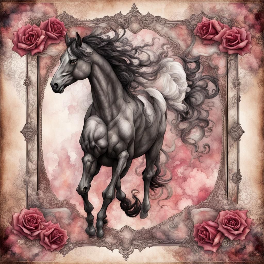 Cosmic Steampunk Horses on Vintage Notebook Page