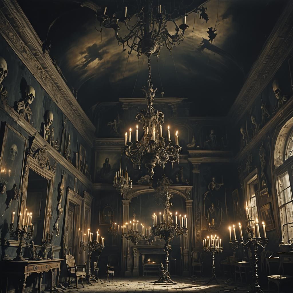 Eerie Ghosts Roam Decaying Haunted House Interior