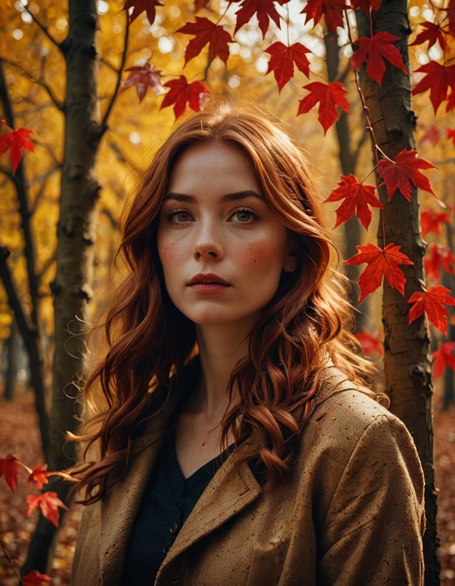 Captivating Auburn-Haired Woman with Red Leaf