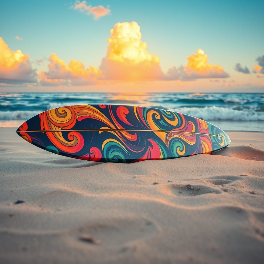 Colorful Surfboard Beach Scene in Whimsical Art Style