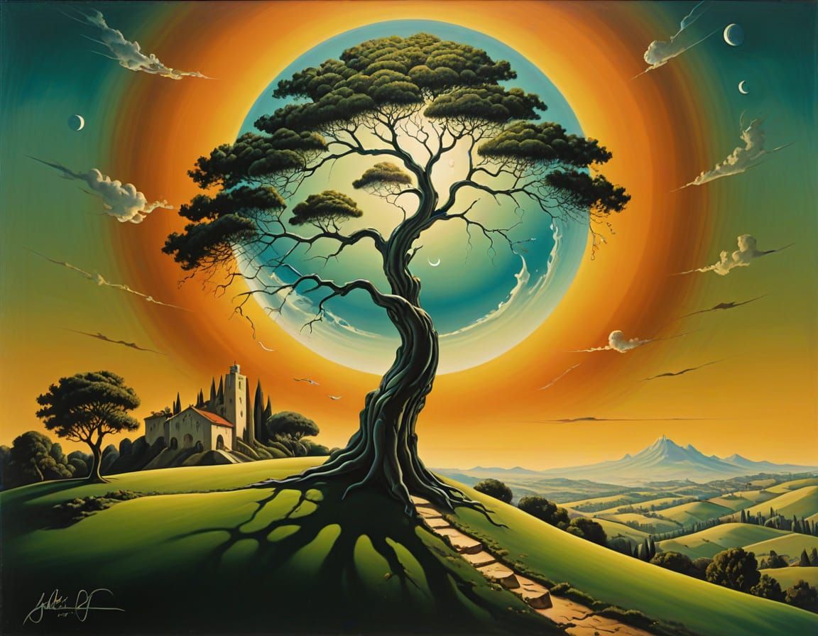 Ethereal Surrealism of a Leaning Oak Tree