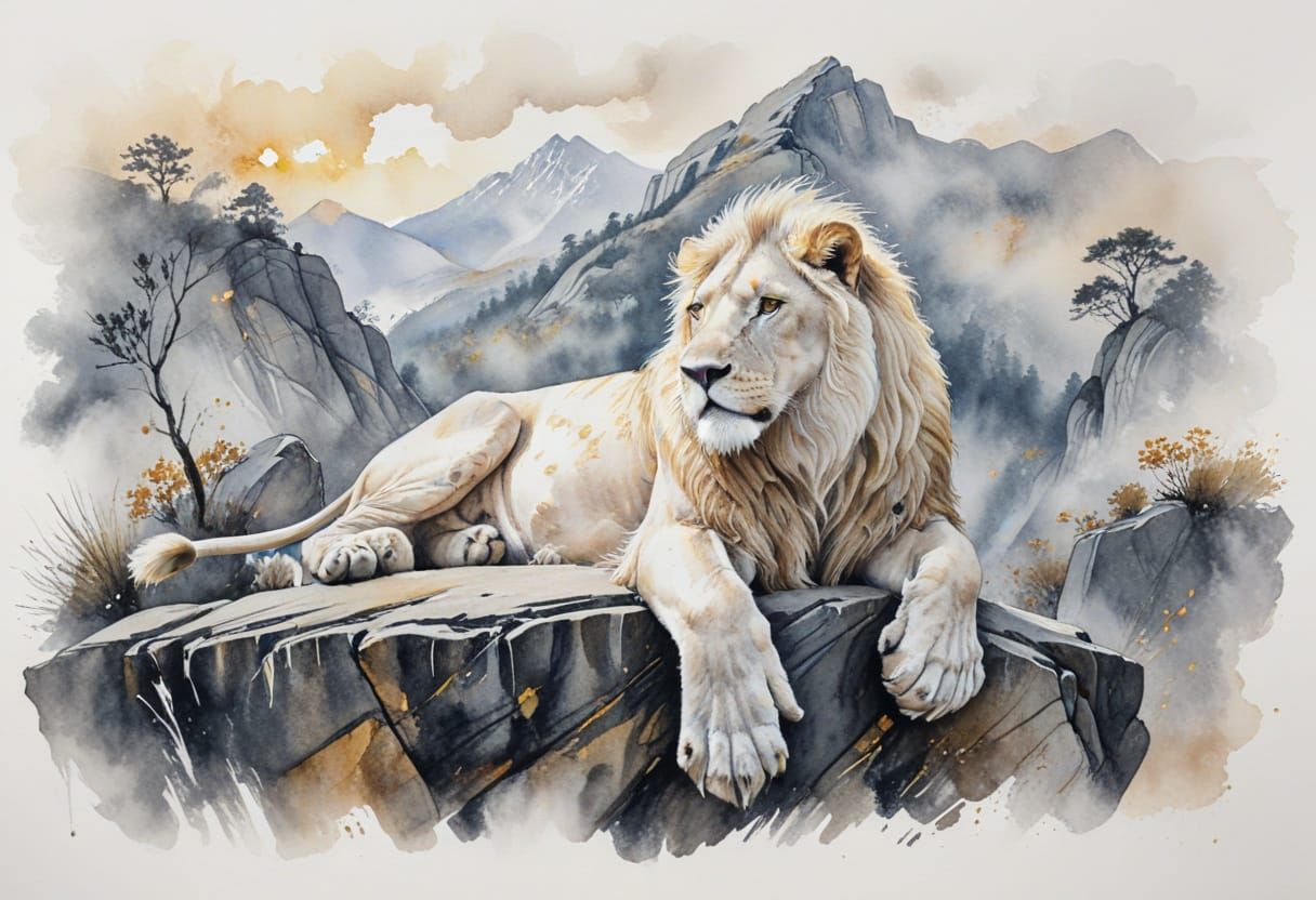 Albino Lion Portrait in Watercolour and Ink