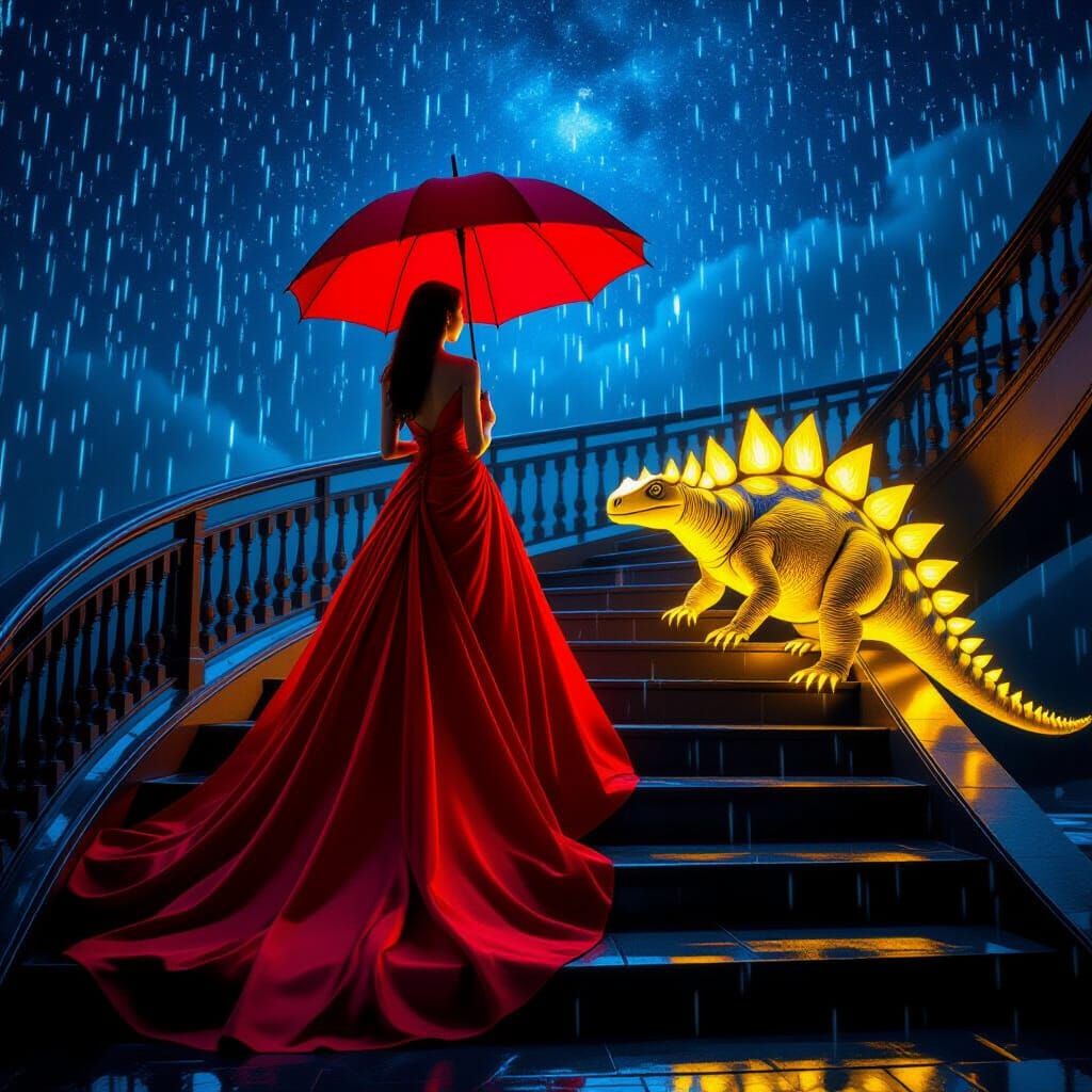 Lady and Stegosaurus Ascend Illuminated Staircase