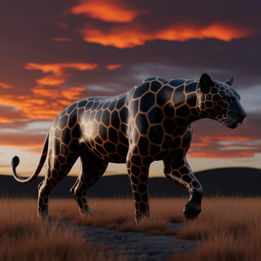 Giraffe-Spotted Black Panther on African Savanna at Dusk