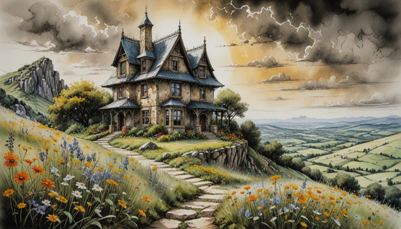 Hyperrealistic Ethereal Fantasy Scene with Stone House and W...
