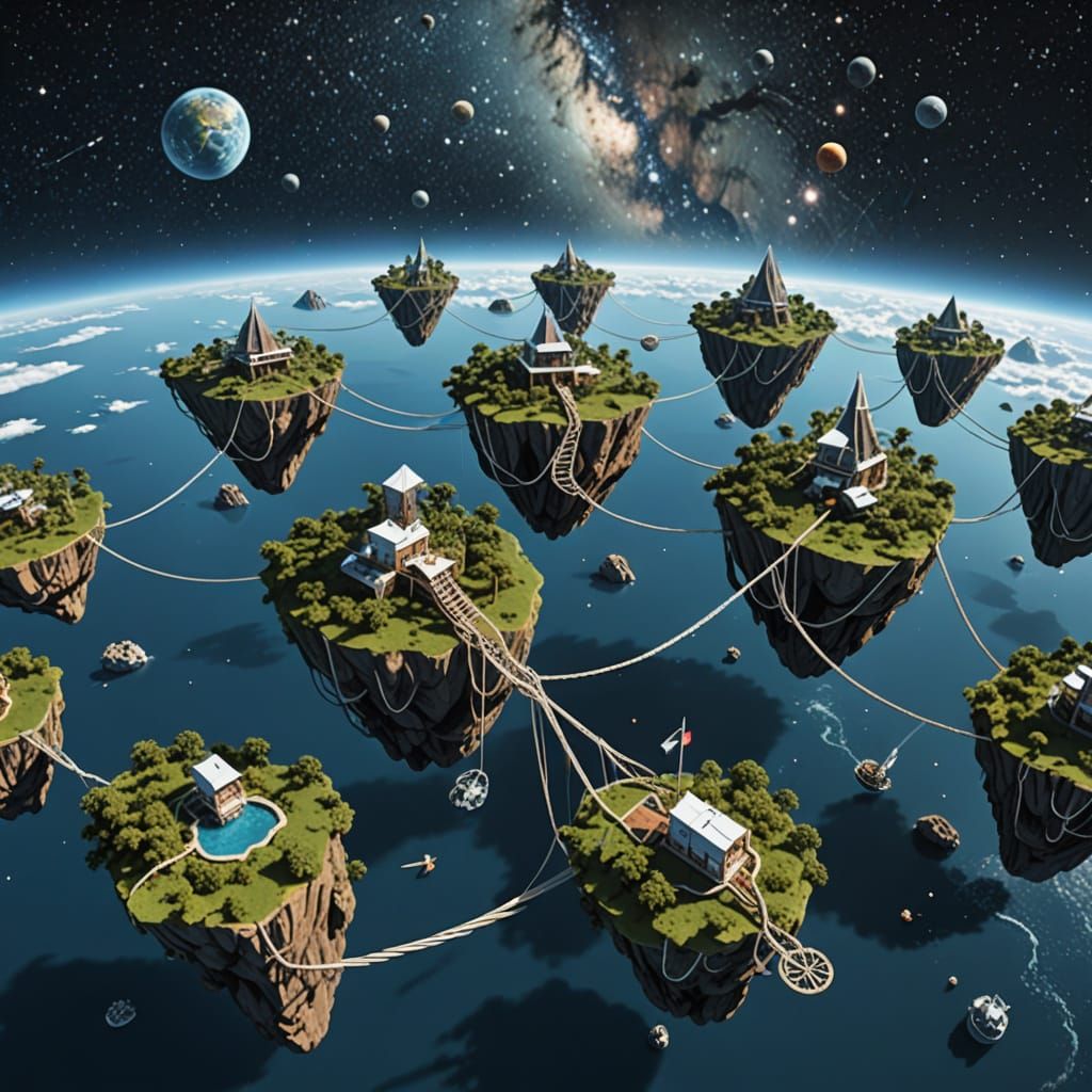 Floating Islands Connected by Bridges in Outer Space