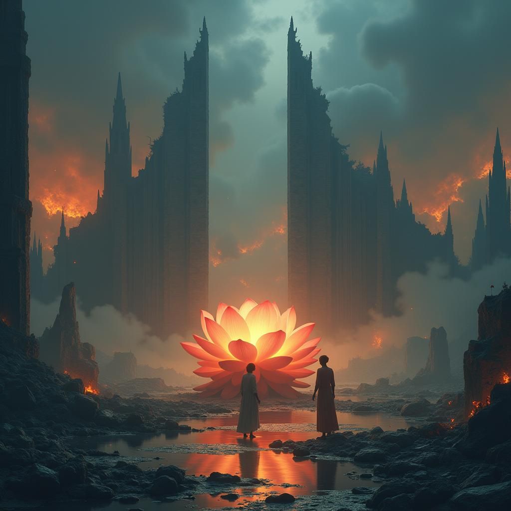 Serene Oasis Amidst Ravaged Landscape: Digital Matte Paintin...