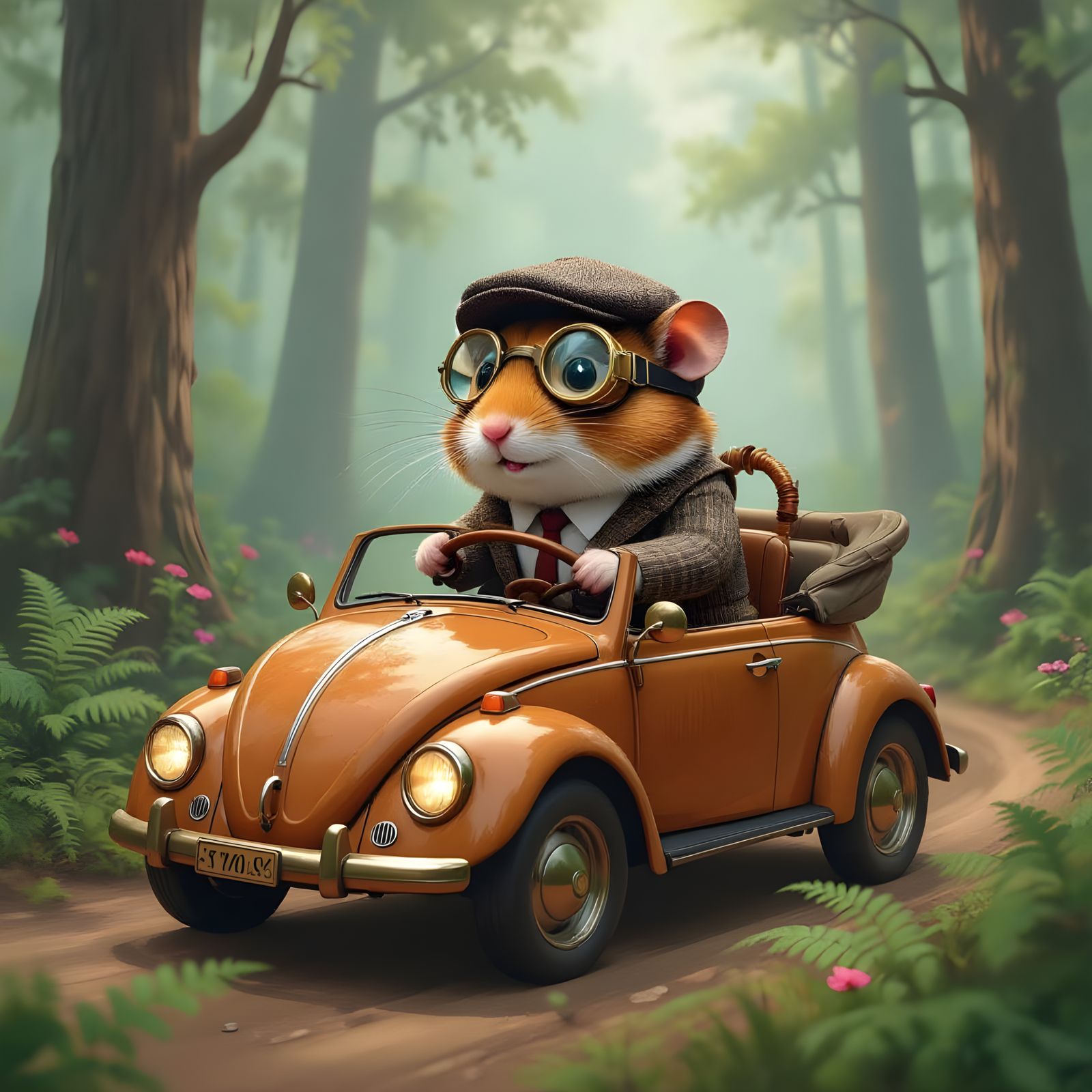 Steampunk Hamster Driver in Whimsical Forest Landscape