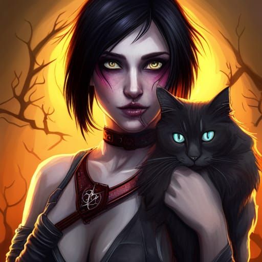 Gothic Girl Portrait with Cat in Dark Fantasy Style