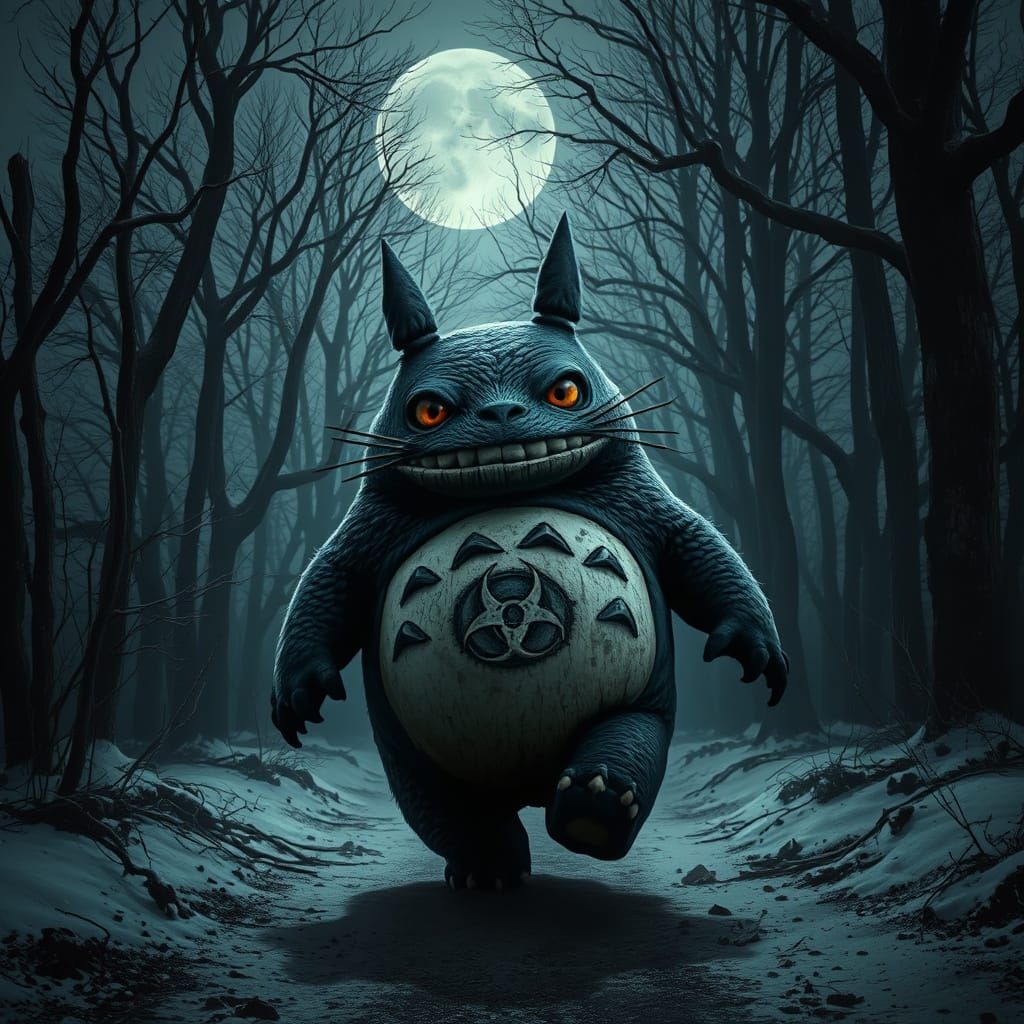 Biohazard Totoro Stalks Winter Landscape in Dark, Dirty Park