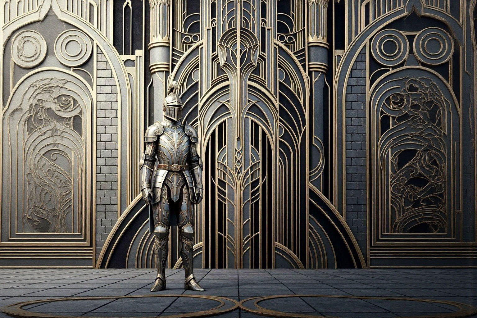 Art Deco Knight in Castle Wall