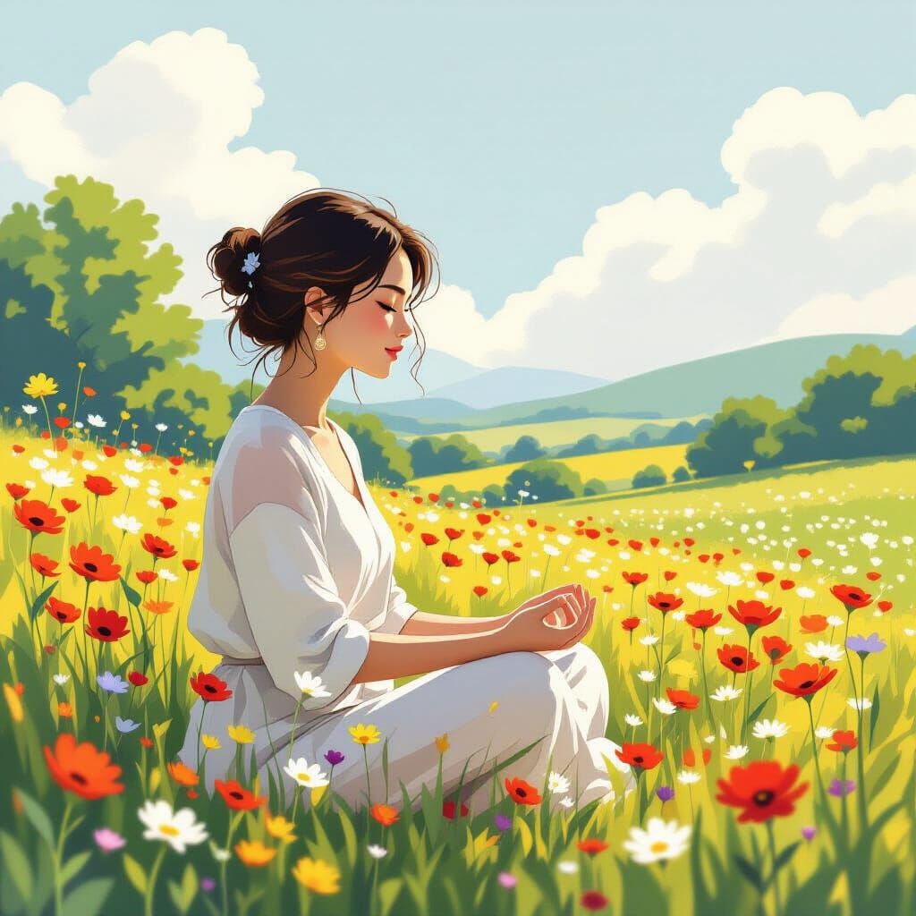 Mindful Woman in Wildflower Meadow, Dreamy Art Style