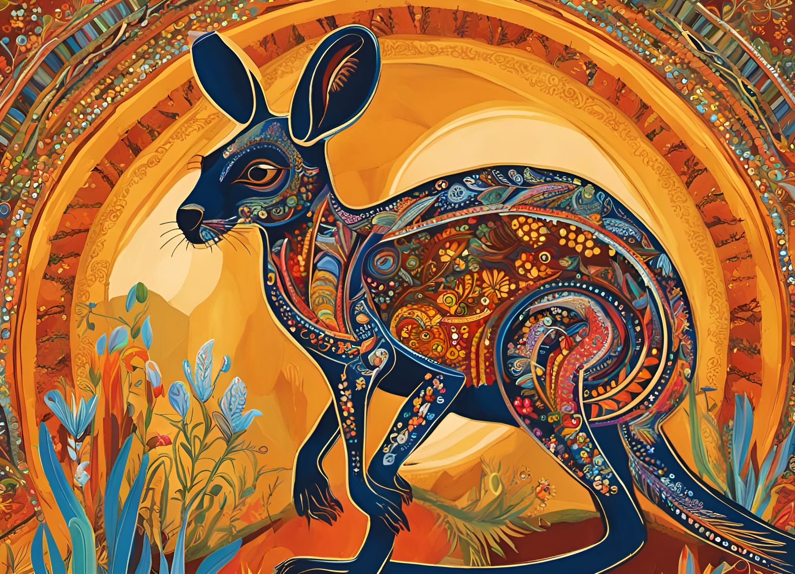Kangaroo in Outback: Aboriginal Folk-Art Illustration