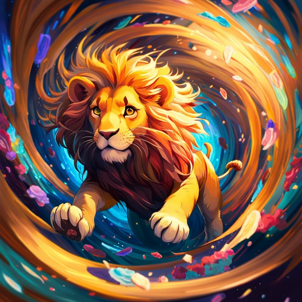 Lion Emerges from Vortex in Anime Style