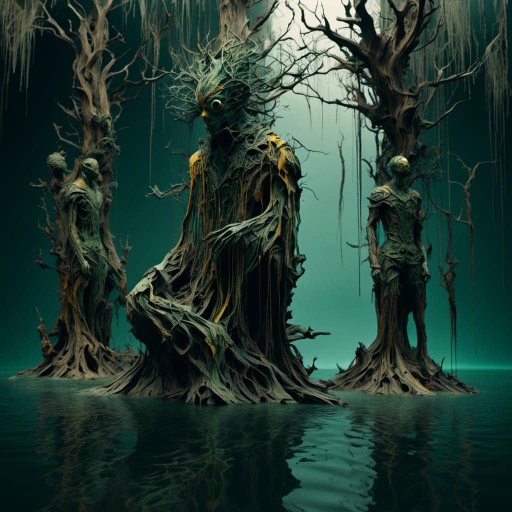 Swamp Guardians: Wooden Figures in Water