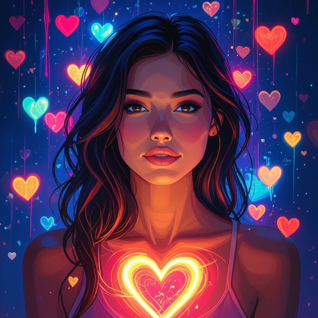 Woman Surrounded by Pulsing Lights in Digital Painting Style