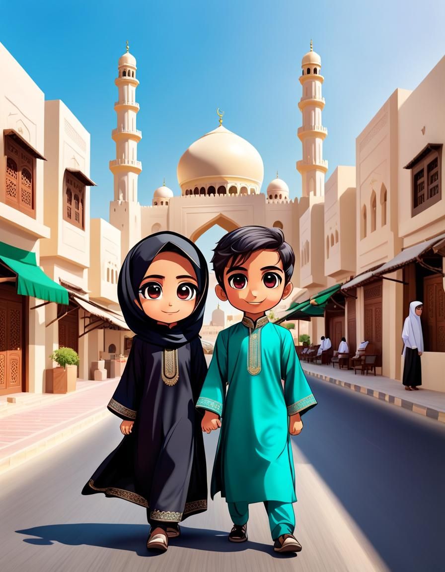 Chibi Omani Children in Muscat Cityscape