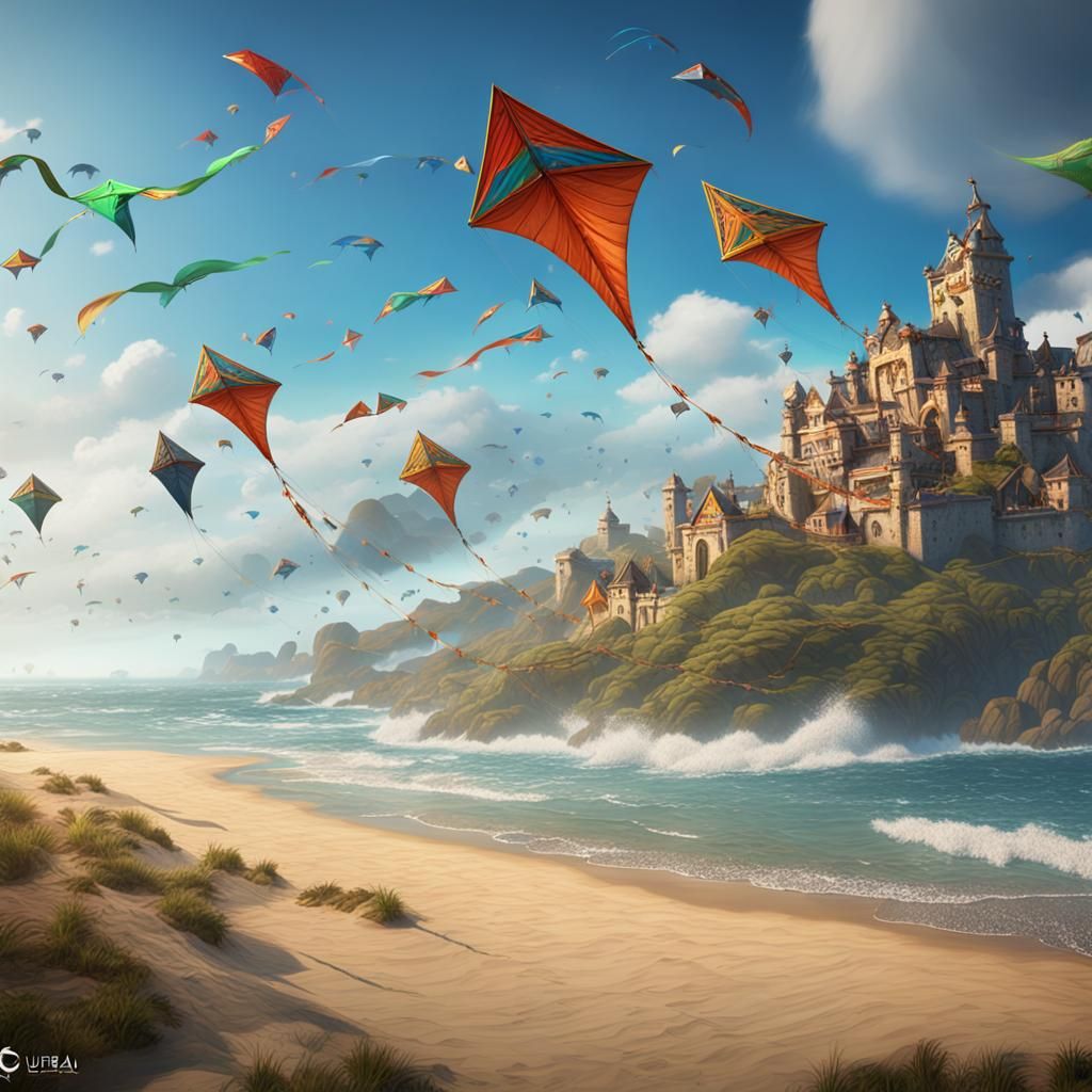 Kites Soaring Above Beach: Fantasy Concept Art