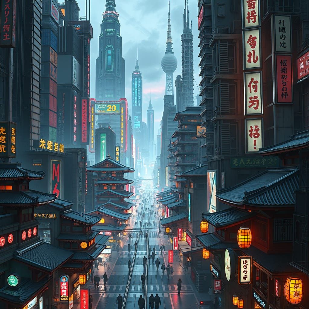 Futuristic Japanese Cyberpunk City with Historical Features
