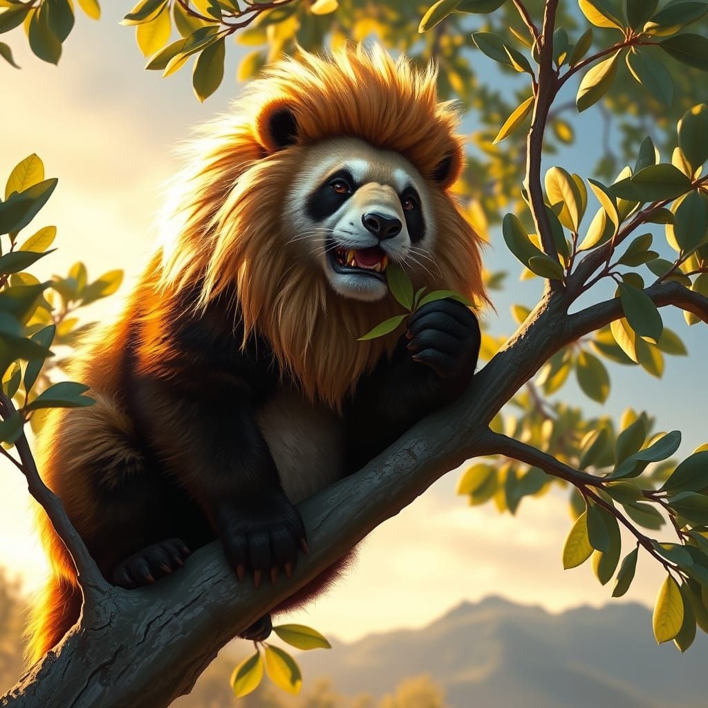 Lion-Panda Hybrid on Eucalyptus Tree in Golden Hour