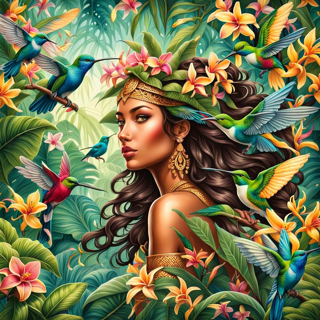 Hawaiian Goddess with Hummingbirds in Lush Rainforest