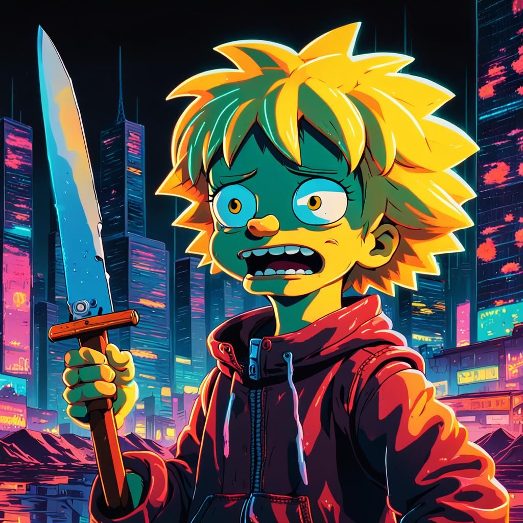 lisa simpson holding a knife in horror scene