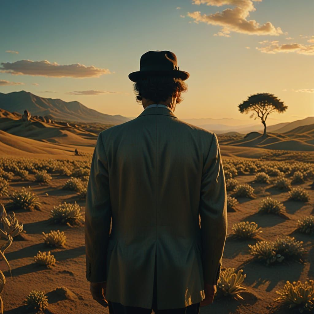 Dreamlike Surrealism: Solitary Figure in Golden Light